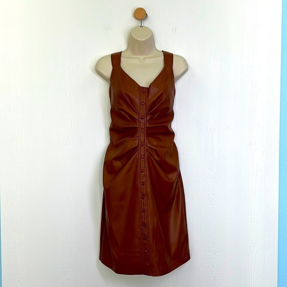 Guess - Pleather Brown Midi Button Down Strap Pocket Dress Size 4